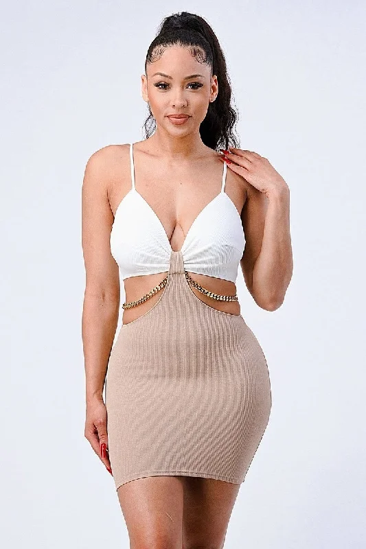 Multi Fabric Bralette Side Cutout With Gold Chain Zipper Closure Back Bodycon Mini Dress Chic Bodycon Gown