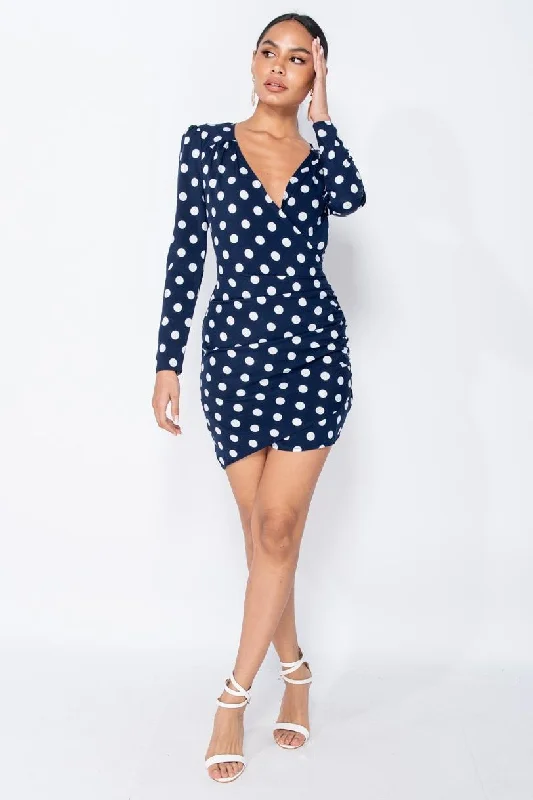 Polka Dot Ruched Bodycon Mini Dress In Navy Bodycon Gown Chic