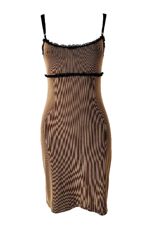 Ikito Vintage Brown Bodycon & Black Lace Strappy Dress, 1990s Sheer Bodycon Dress