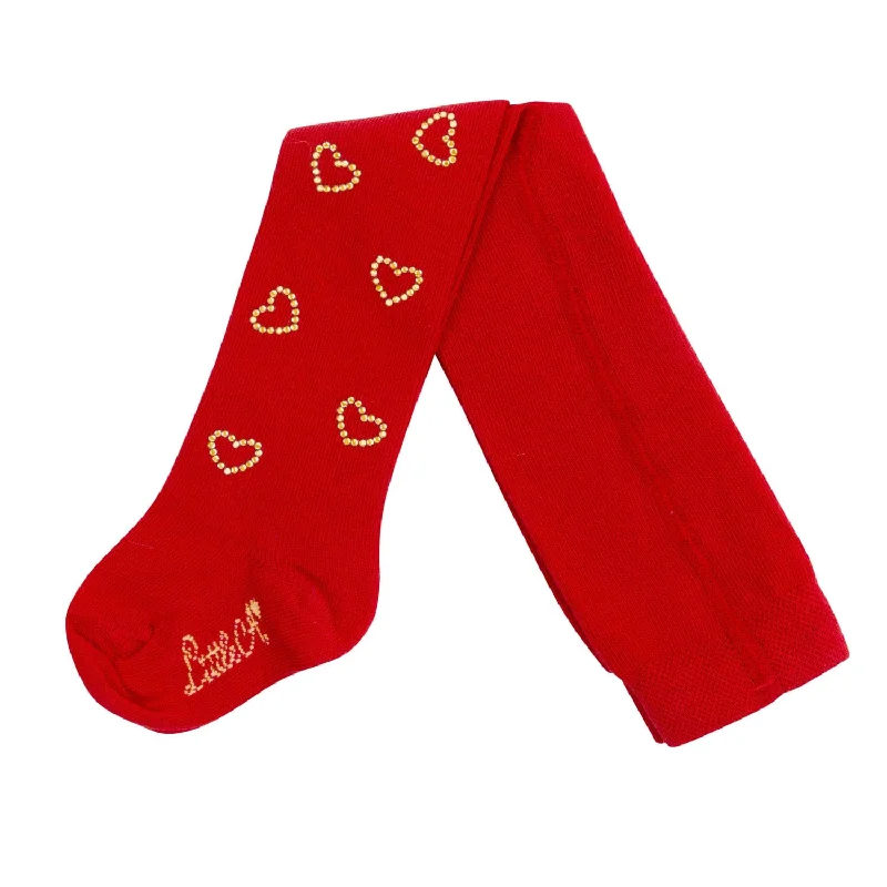 LITTLE A - Festive Hearts Hazel Diamante Heart Tights - Red Velvet Bodycon Dress