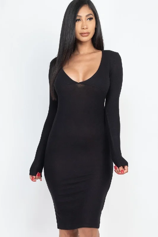 Hacci Brushed Knit V Neck Bodycon Dress Mesh Bodycon Gown