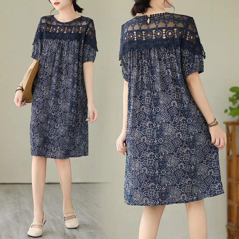 Plus Size Lace Upper Navy Pattern Shift Dress Plus Size Swing