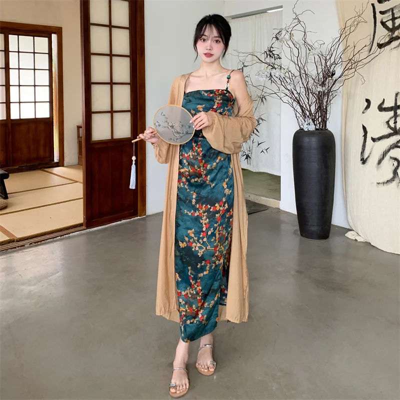 Plus Size Oriental Modern Drape Dress and Long Cardigan Set Plus Size Sleeves