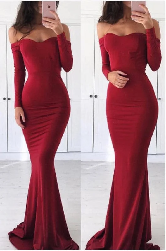 Fashion Long Sleeve Deep Red Tight Evening Dress Figure-hugging Bodycon Dress