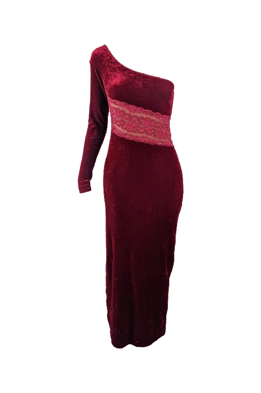 La Perla Vintage Red Velour Bodycon Evening Gown, 1980s Off-shoulder Dress Set