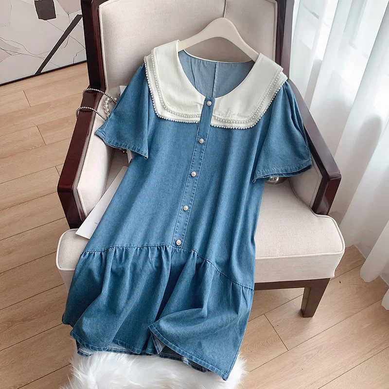 Plus Size Pearl Denim Collar Dress (EXTRA BIG SIZE) Casual Plus Dress