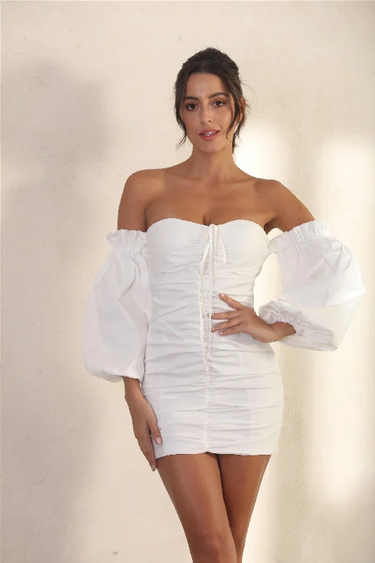 Off Shoulder Ruched Bodycon Mini Dress In White Bodycon Fashion Dress