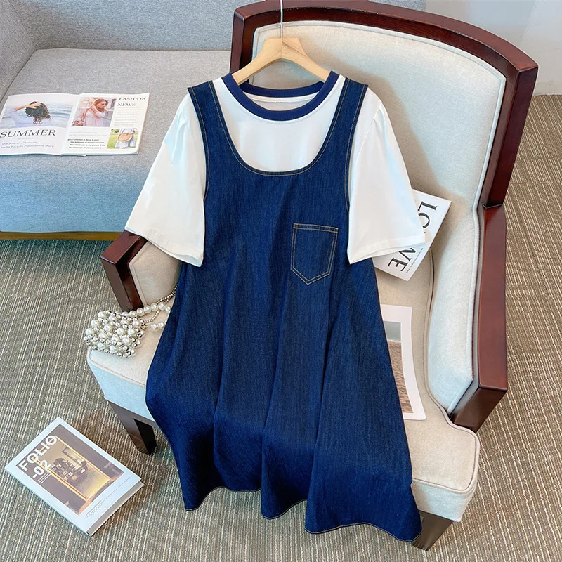 Plus Size Pinafore Denim Dress And White T Shirt Top Set (EXTRA BIG SIZE) Elegant Plus Size Dress