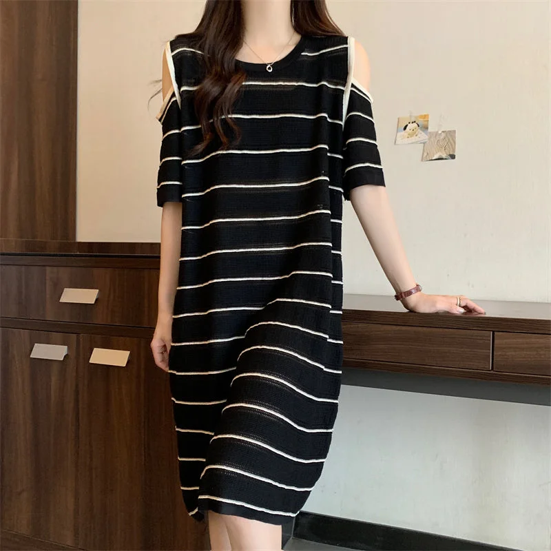 Plus Size Korean Knit Stripes Off Shoulder Dress Plus Size Tunic