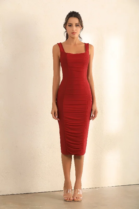 Zip Back Ruched Bodycon Bandage Midi Dress In Red Bodycon Dress Casual