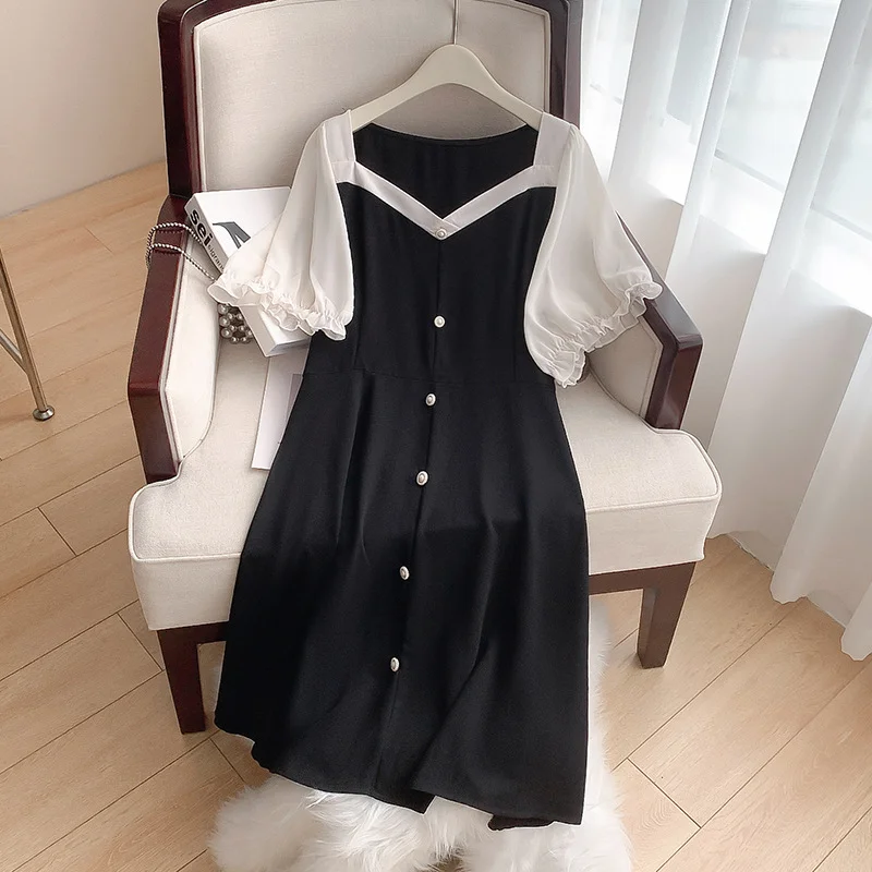 Plus Size Chanelesque Buttons Monochrome Short Sleeve Formal Dress (EXTRA BIG SIZE) Stylish Plus Size