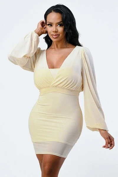 Lux Mesh Layered Lining V Neck Bubble Slv Bodycon Dress Tight Fit Dress