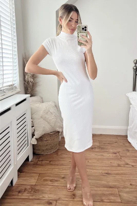 Cap Sleeve High Neck Bodycon Ribbed Midi Dress In White Bodycon Dress Summer