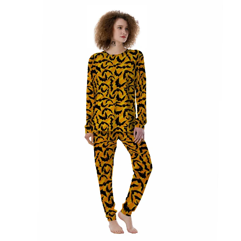 Black Bat And Orange Striped Print Pattern Women's Pajamas Best-value pajama sets