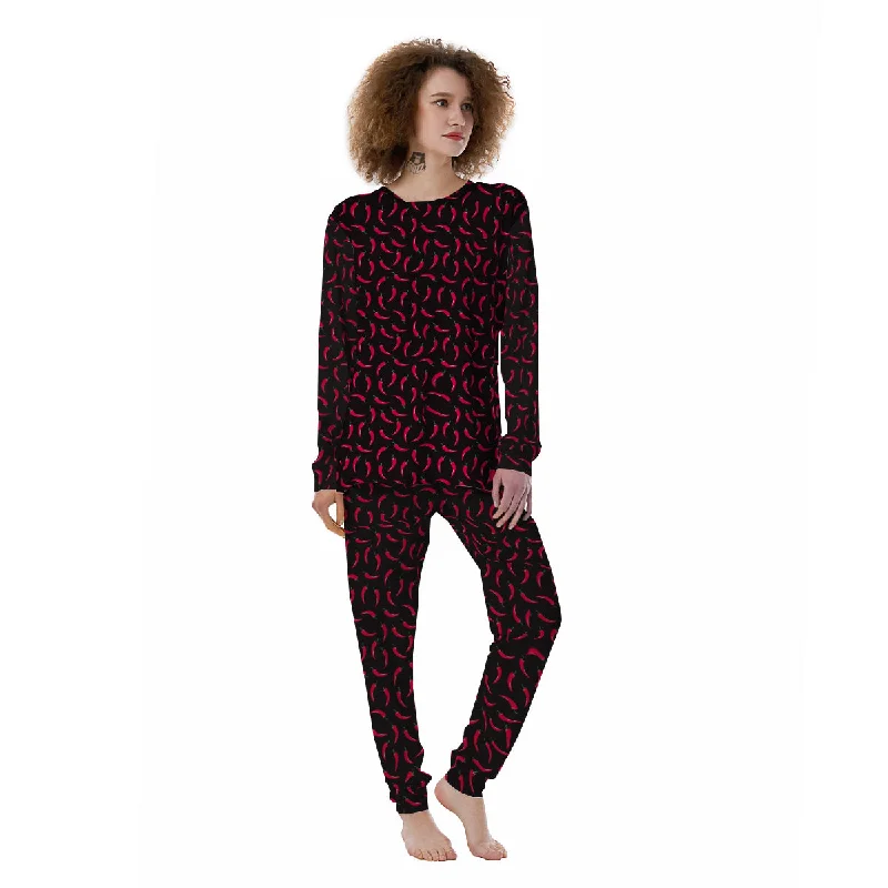 Black Chili Pepper Print Pattern Women's Pajamas Luxury pajama sets