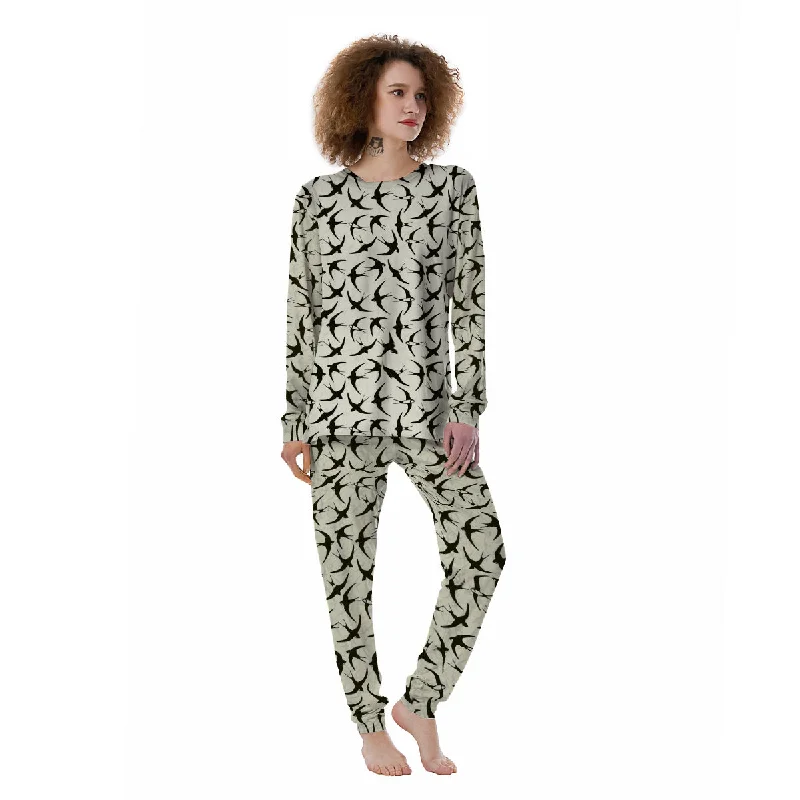 Black Swallow Vintage Print Pattern Women's Pajamas Fleece pajama sets