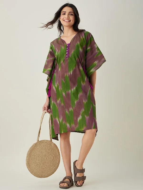 Women's Green Handloom Ikat Weave Cotton Kaftan - The Kaftan Company Best pajama sets for cold weather