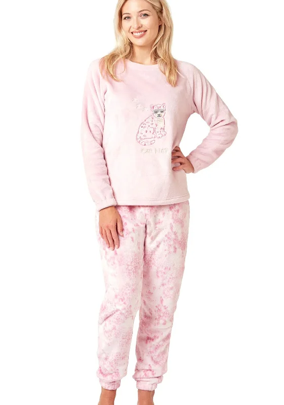 Indigo Sky Chilling Cheetah Cosy Fleece Pyjamas, Blush Pink Best pajama sets for elderly women