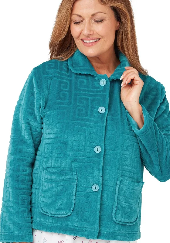 Marlon Greek Embossed Fleece Bed Jacket, Teal Long sleeve pajama sets