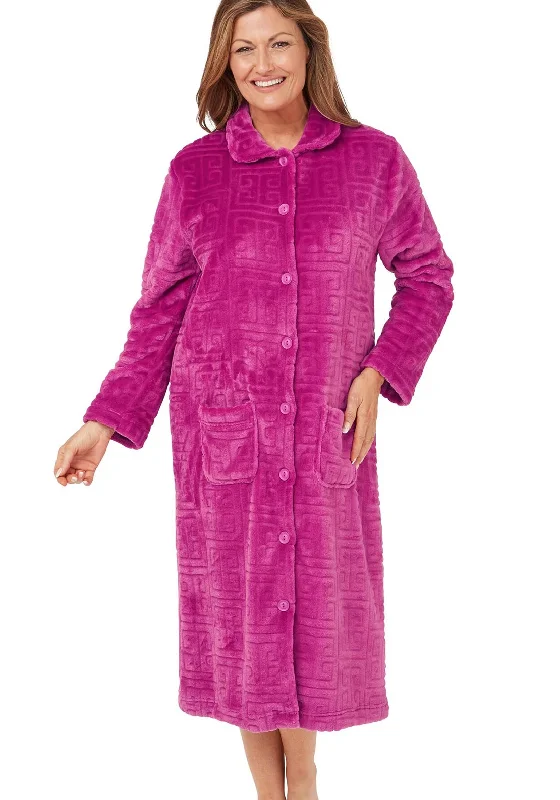 Marlon Greek Embossed Fleece Button Housecoat, Raspberry Boho pajama sets