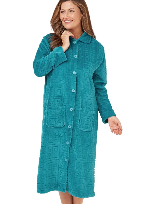 Marlon Greek Embossed Fleece Button Housecoat, Teal Button-up pajama sets