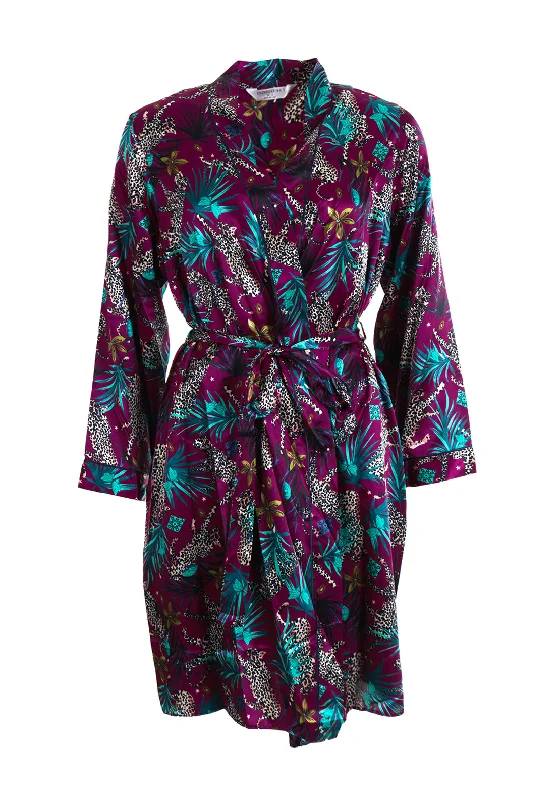 Indigo Sky Jungle Leopard Satin Wrap Around Robe, Raspberry Party pajama sets