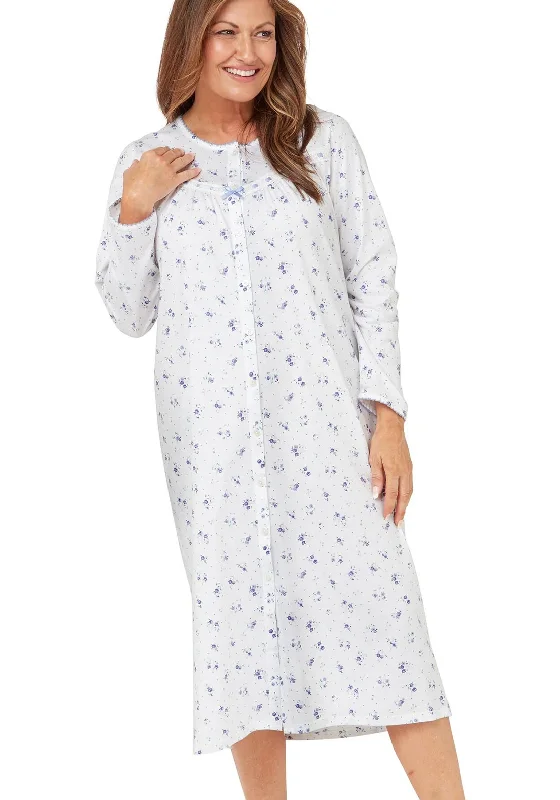 Marlon Blossom Cotton Long Sleeve Button Nightdress, Blue Minimalist pajama sets