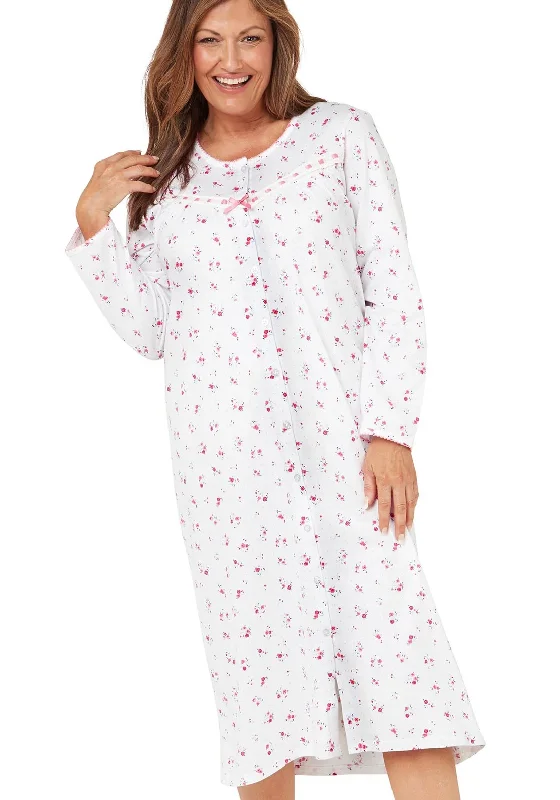 Marlon Blossom Cotton Long Sleeve Button Nightdress, Pink Thermal pajama sets