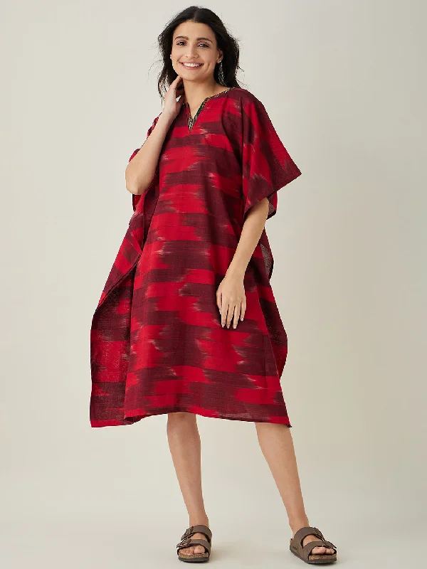 Women's Red Handloom Ikat Weave Cotton Kaftan - The Kaftan Company Amazon pajama sets