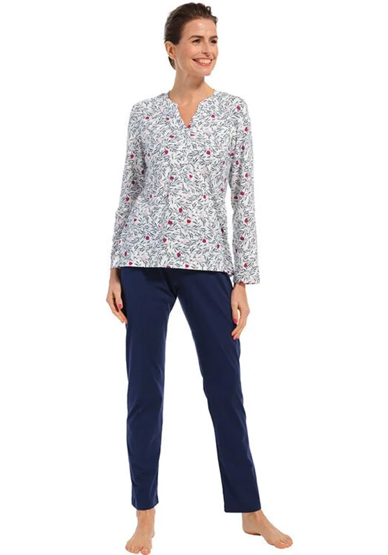 Pastunette Winter Flower Long Sleeve Pyjama Set, Navy Pajama sets under $50