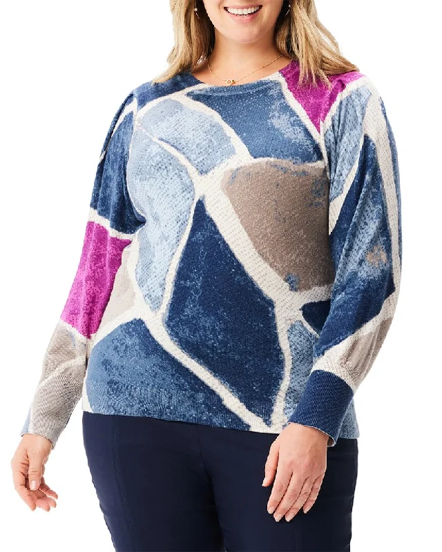 Nic+Zoe Plus Printed Tiles Femme Sleeve Sweater Fleece sweaters