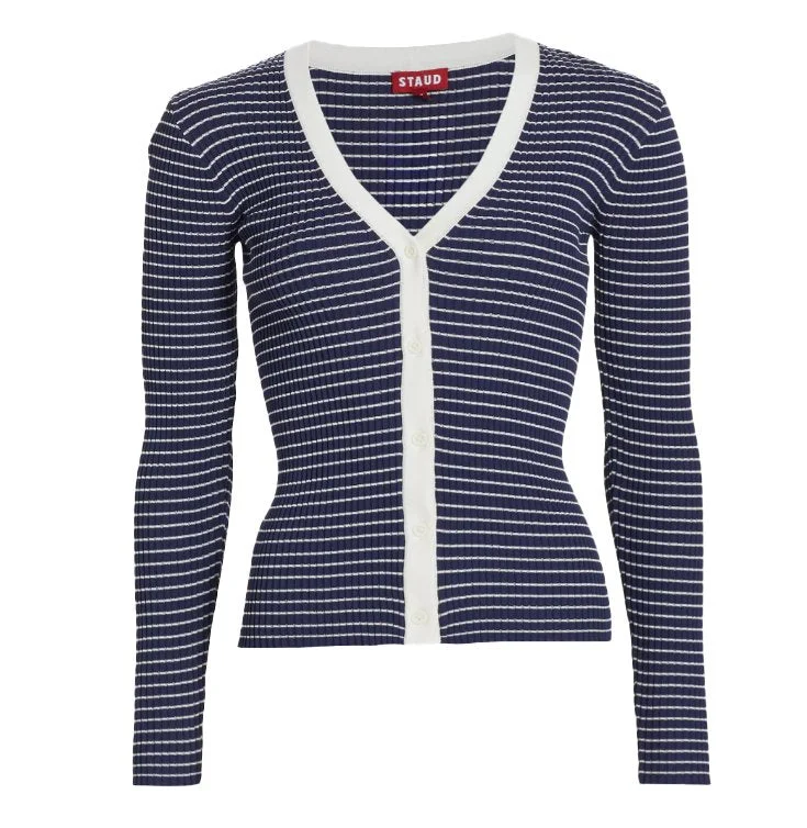 STAUD Women's Blue White Striped Cargo Rib-Knit V-Neck Cardigan Luxury sweaters