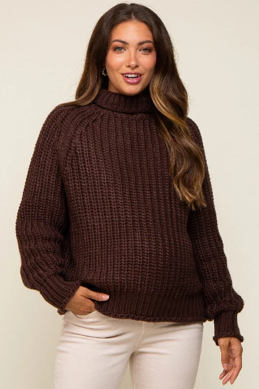 Brown Chunky Knit Mock Neck Maternity Sweater Best sweaters for casual wear