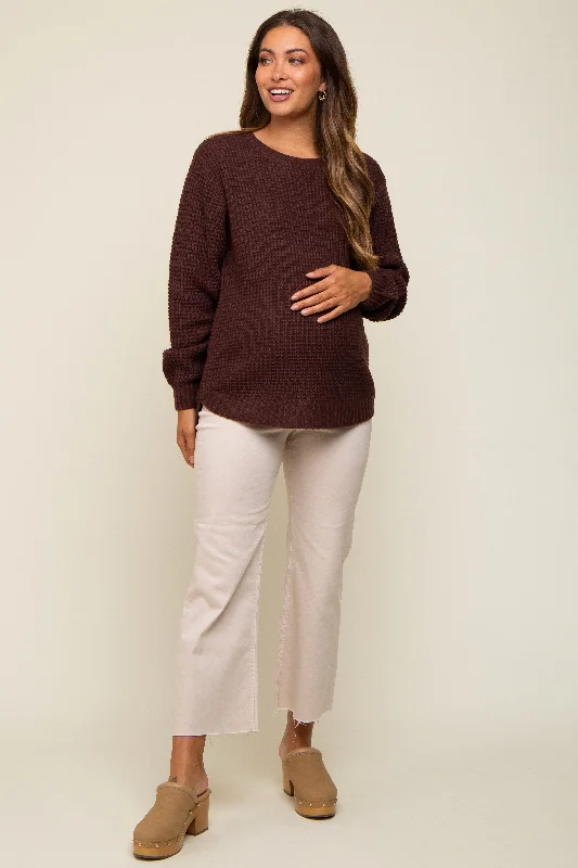 Brown Waffle Knit Round Hem Maternity Sweater Boho-style sweaters