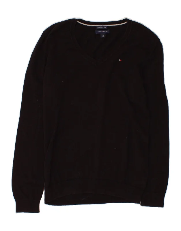 TOMMY HILFIGER Womens V-Neck Jumper Sweater UK 14 Large Black Cotton Expensive sweaters