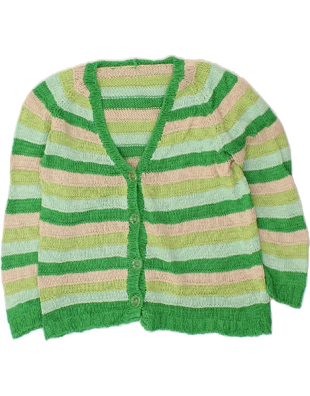 VINTAGE Womens 3/4 Sleeve Cardigan Sweater UK 14 Medium Green Striped Wrinkle-resistant sweaters