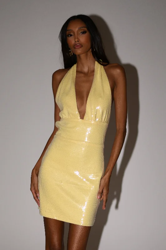 Carleigh Sequin Halter Mini Dress - Lemon Glamorous mini dresses