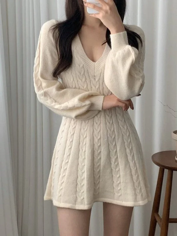 V Neck Cable Knit Long Sleeve Mini Dress Clubbing mini dresses