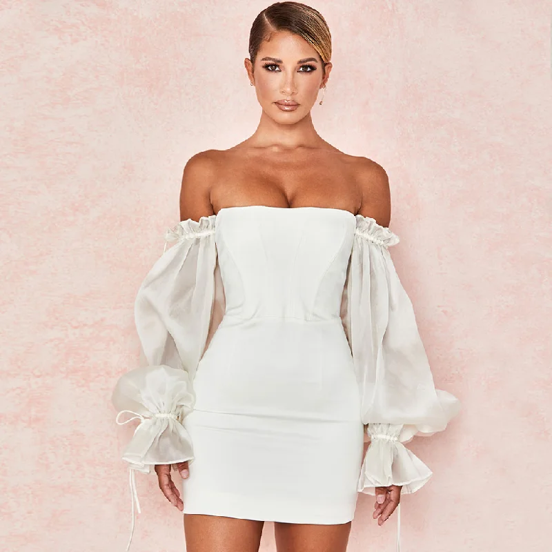 Cute Off Shoulder Puff Sleeve Bodycon Party Mini Dress - White Clubbing mini dresses