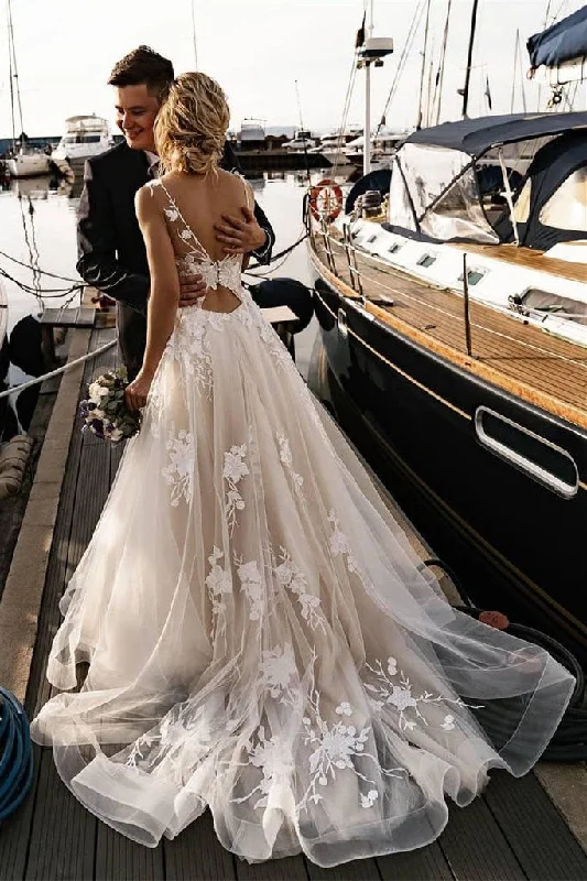 A Line Floral Appliques Beach Wedding Dresses Backless Tulle Boho Wedding Gowns WK947 Soft Wedding Gown