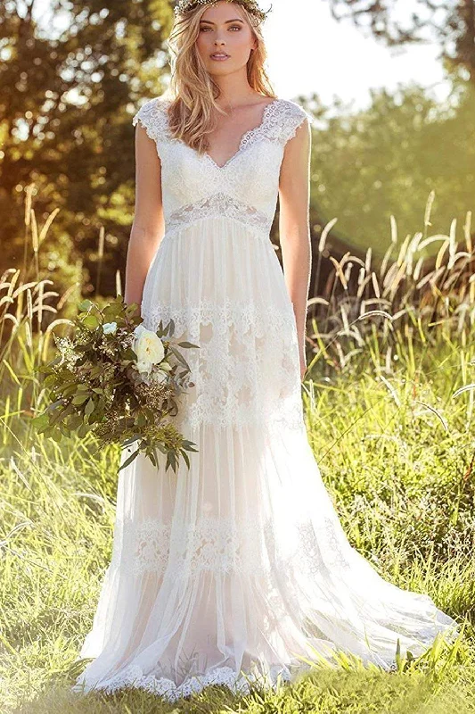 A Line Lace Straps Wedding Dresses Ivory Backless Long Bridal Dresses WK817 Silk Bridal Dress