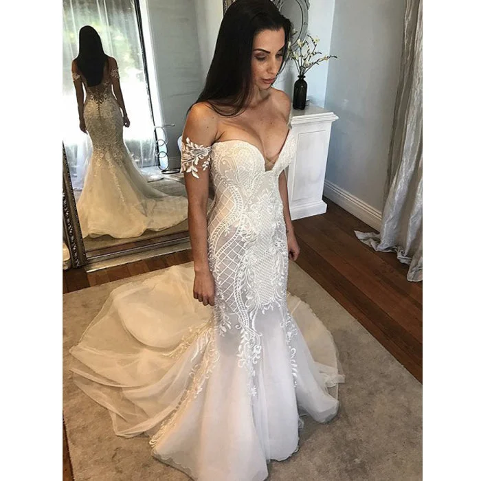 Off the Shoulder Lace Mermaid Inexpensive Long Bridal Wedding Dresses, BG51625 Embroidered Wedding Dress