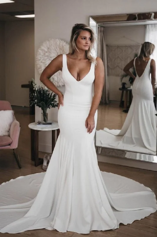 Chic V Neck Mermaid Wedding Dresses Ivory Satin Long Cheap Beach Wedding Gowns Full Skirt Wedding