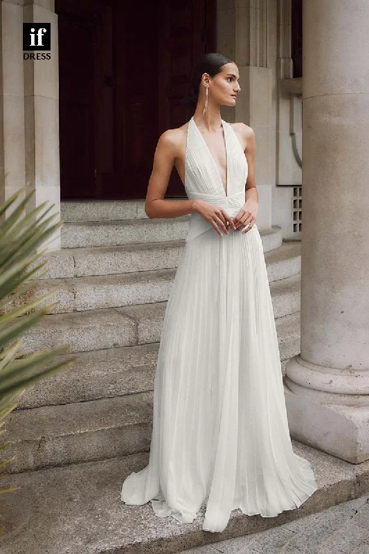 71163 - Sexy Halter V-Neck Ruched A-Line Sleeveless Boho Wedding Dress Simple Wedding Gown