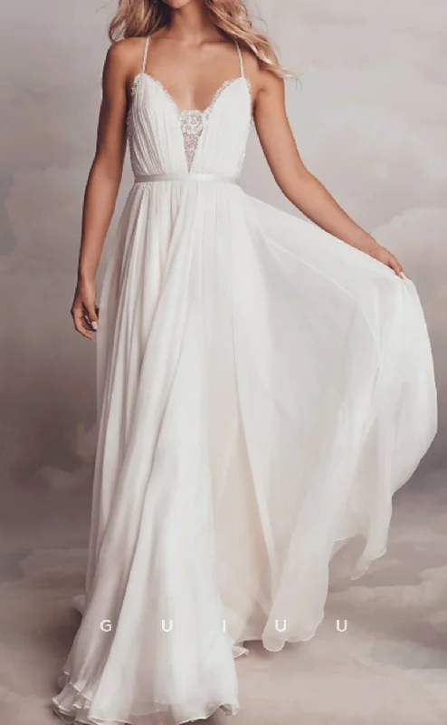 GW953 - Boho A-Line V-Neck Straps Lace Tulle Elegant Wedding Dress with Train Modern Bridal Gown