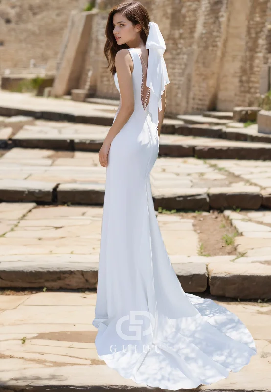 GW955 - Low V-Neck Beaded illusion Sleek Satin Elegant Mermaid Wedding Dress Soft Satin Bridal