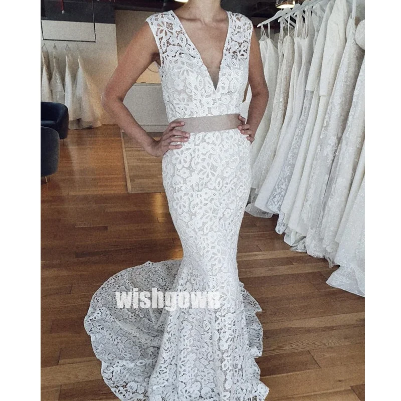 Elegant V-neck Sleeveless Mermaid Lace Dream Bridal Dresses WDH024 Soft Lace Gown