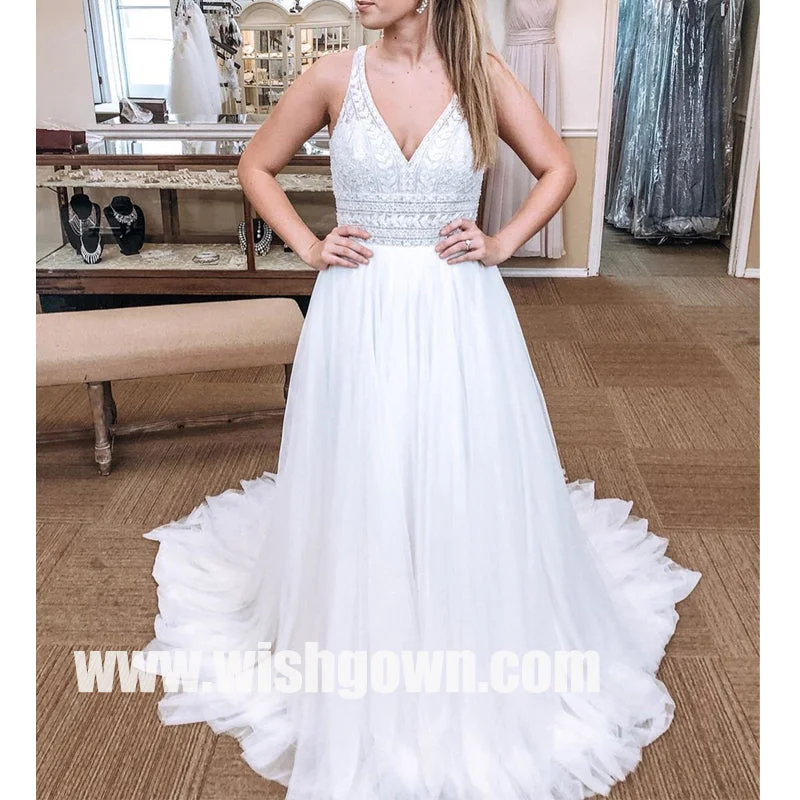 Elegant V-neck Spaghetti Strap Tulle Long Bridal Dresses WDH017 Modern Wedding Gown