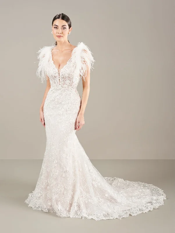 Fitted V-Neck Feather Bridal Gown by Adrianna Papell 31290 Soft Satin Bridal