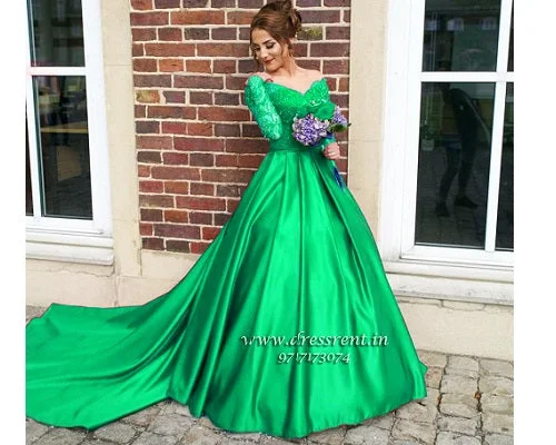 G122, Green colour Satin Off Shoulder Full Sleeves Trail Ball gown, Size (XS-30 to L-38) Lace Wedding Gown